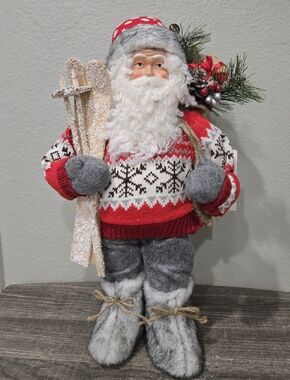 North Pole Trading Co Santa Claus Holding Skiis 18" Christmas Decor Red And Gray